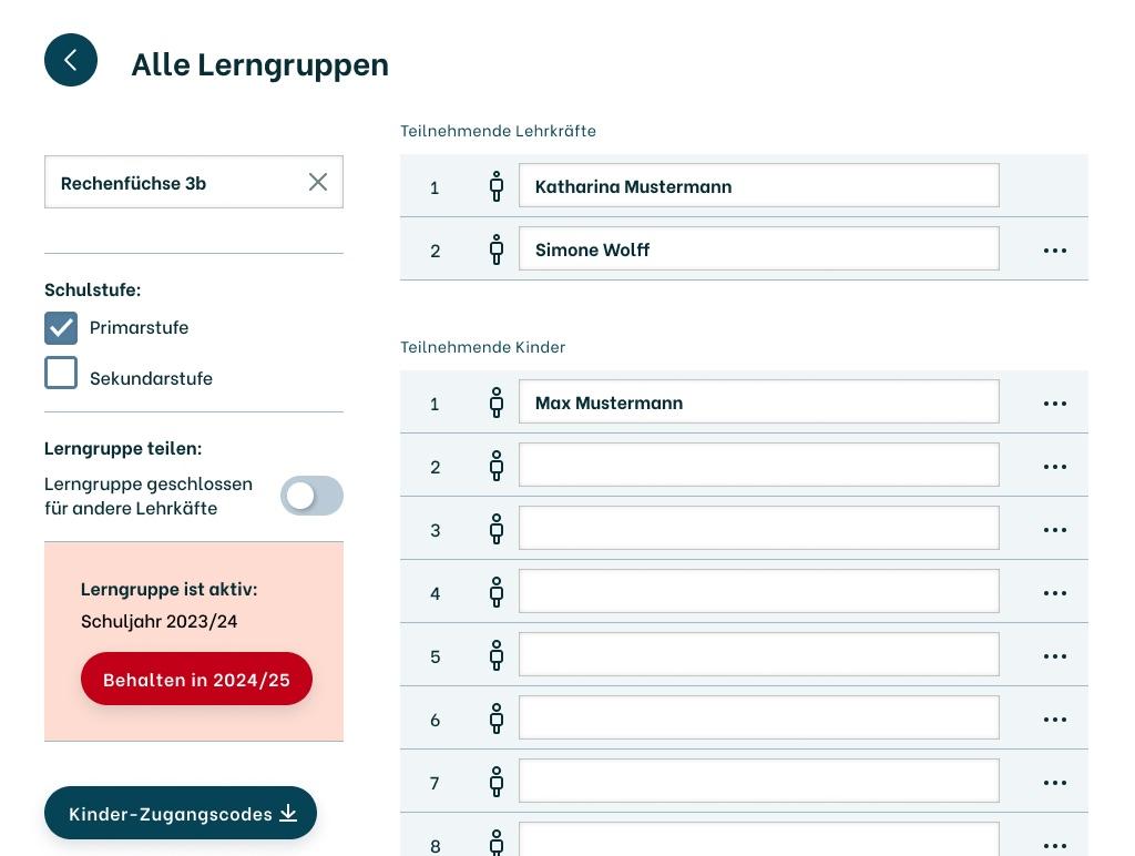 Lerngruppe bearbeiten – Warnung Schuljahrende